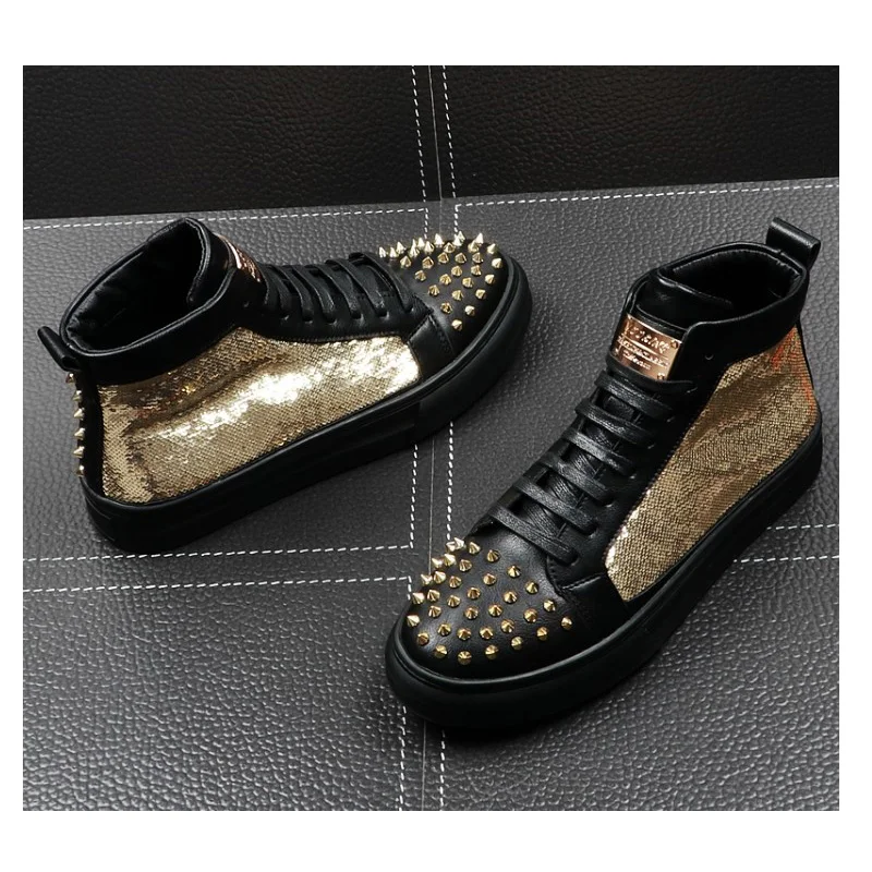 Metal Casual Ankle Boots Men Gold Sequin Rivet Oxford Leisure Men Shoes Stage Dress Hip Hop Sneakers Leather Boots Botas Hombre