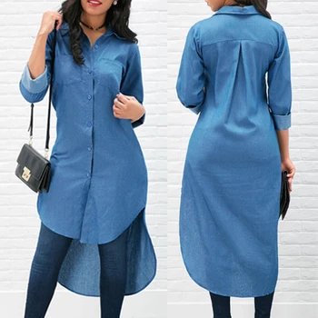 

Women Long Denim Shirt Back Long Loose Plus Size Woman Fashion Blue Shirt Summer Tops And Blouse Woman Casual Office Daly
