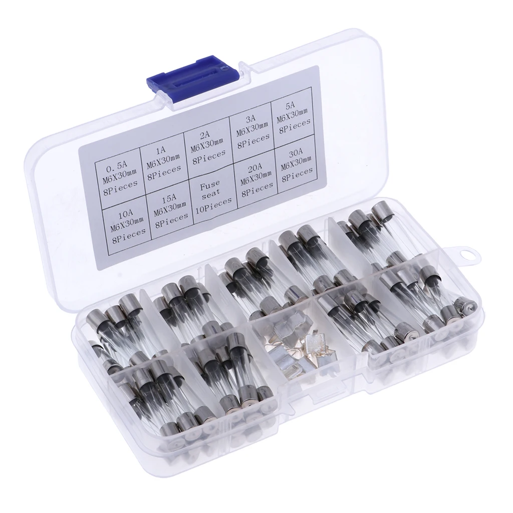 72Pack 6x30mm 0.5A-30A Fast-blow Glass Tube Fuses Kits for electronics