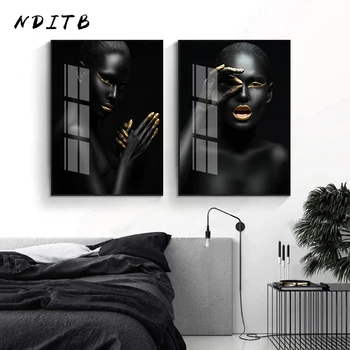 

Sexy Black Woman Canvas Wall Art Painting Nordic Fashion Poster Modern Salon Picture Golden Lips Print Living Room Decoration