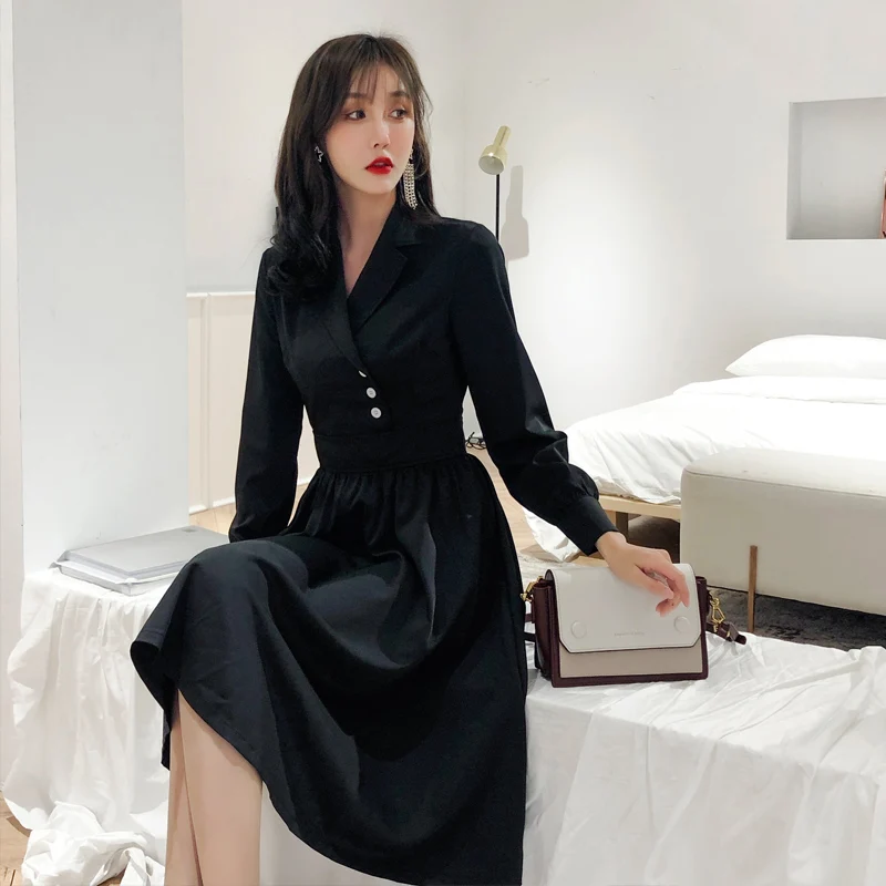 

2019 autumn and winter new Korean robe femme retro waist long sleeve suit collar dress black elegant long vestidos plus size