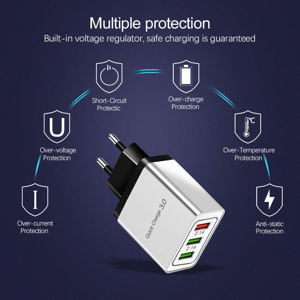 Быстрая зарядка 3,0 настенное дорожное USB зарядное устройство 3 порта EU US переходник для iPhone XS 8 7 samsung s8 xiaomi Быстрая зарядка для мобильных телефонов