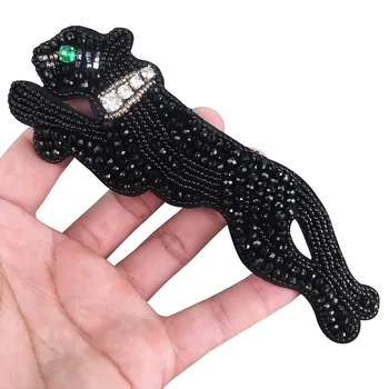 

Beaded Embroidery Forest animal patch black leopard Bead On Applique clothing cloth stickers animal pattern CZ171