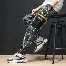 Новинка, мужские брюки-карго в стиле хип-хоп, камуфляж, хлопок, на молнии, лоскутные, с карманами, брюки, Повседневная Уличная одежда, камуфляжные штаны для мужчин