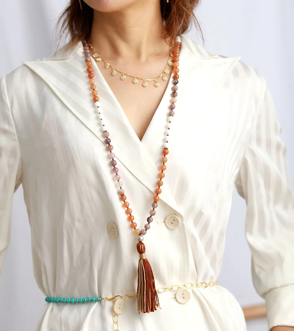 108 Beads Necklace 8MM Semi Precious Stones Metal Charm Long Tassel Mala Necklace Women Lariat Necklace Gift Yoga Necklace - Image 2