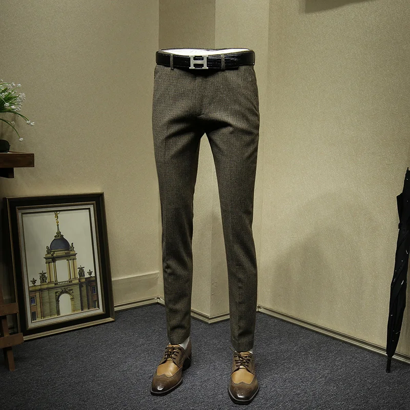 Мужские брюки 30% шерсть мужской тонкий стиль Цвет: насыщенный хаки плед уличная Бизнес мужские брюки Мода Осень Зима Одежда 30 36