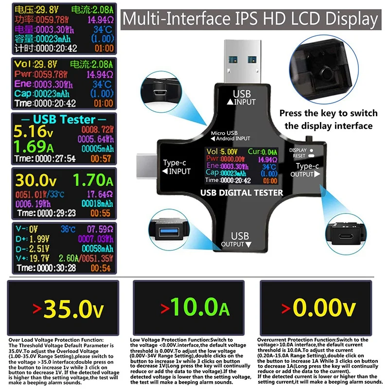 c usb tester tela colorida ips multímetro