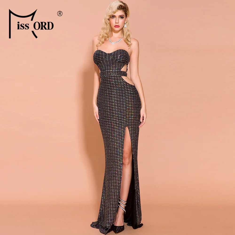 Missord Women Sexy BRA Off Shoulder Hollow Out Dresses Female Elegant High Split Backless Maxi Dress FT19745