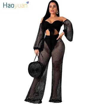 

HAOYUAN Neon Fishnet Sheer Two Piece Set Women Summer Beach Clothes Long Sleeve Crop Top Pants Matching Suit Sexy Club Outfits