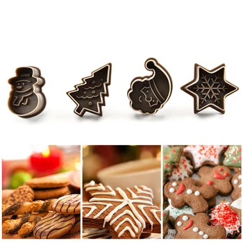 

4 Pcs Kitchen Cookie Cutter Plunger Gingerbread Biscuit Mold Baking Mould Cake Fondant Decorating Tools Christmas Decor for Home