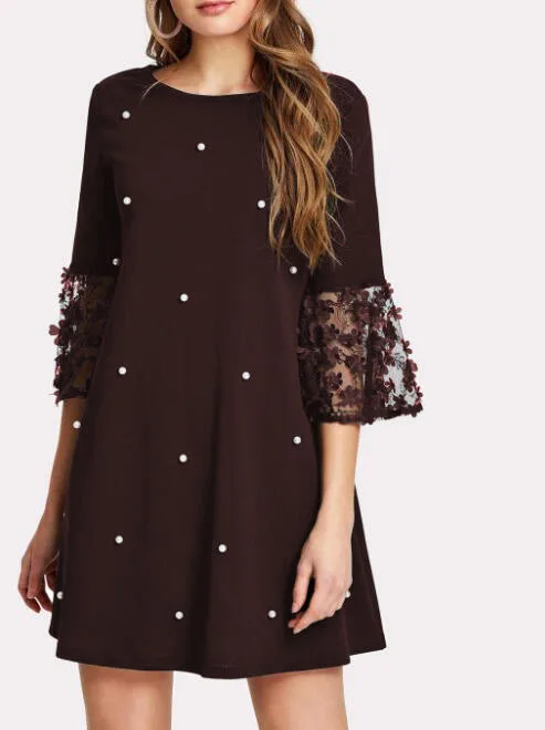 

S-5xl Women Summer Autumn Plus Size Dress Elegant Wave Point Sleeves Solid Color Casual Loose Dress Female Dress Vestidos