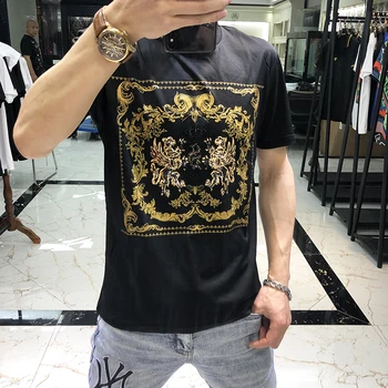 

Men's short sleeve T-shirt fashion European and American bead embroidery Baroque printing trend mercerized cotton summer top