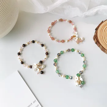 

Korean-style GIRL'S Sweet Crystal Pearl Shell Flower Single Loop Bracelets Simple Cool Bracelets Women's Best Friend Gift Orname