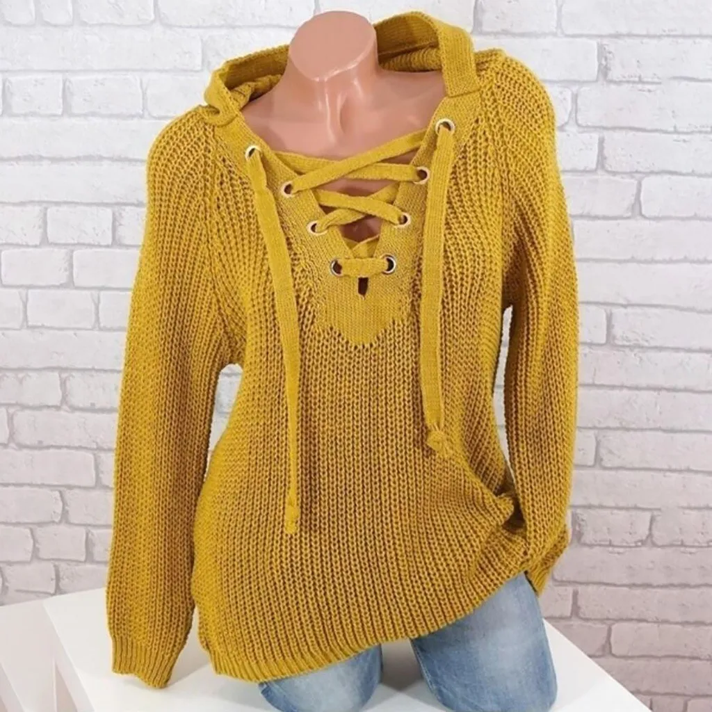 

Women Sweater Fashion Lace-up Knitted Hooded Pullover Autumn and winter Sweaters Female Long Sleeve Pullovers Jumper Tops #829