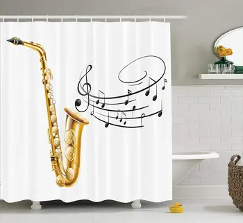 

Music Illustration Fancy Old Saxophone Template Solo Vibes Art Print Design Yellow Black White Shower Curtain Waterproof
