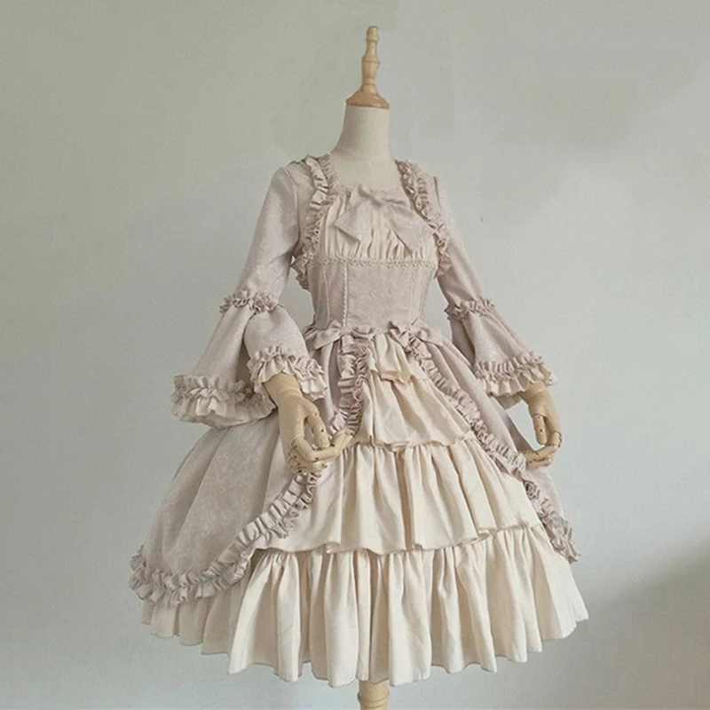 

Women vintage retro dress autumn Gothic Royal Court Dress Ruffled Slim Large Swing bow knot lantern sleeve dresses