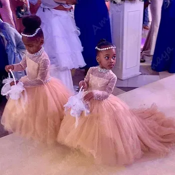 

Amaya Champagne Long Sleeves Baby Girls Dresses for Wedding Lace Top Tulle Beads Girls Communion Dress Birthday Gown with Train