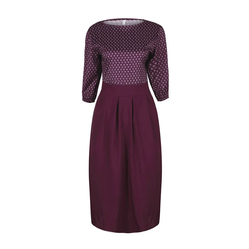 Women vintage dress Casual office a line Dress Round Neck 3/4 Sleeve Polka Dots Printed elegant ladies dresses party