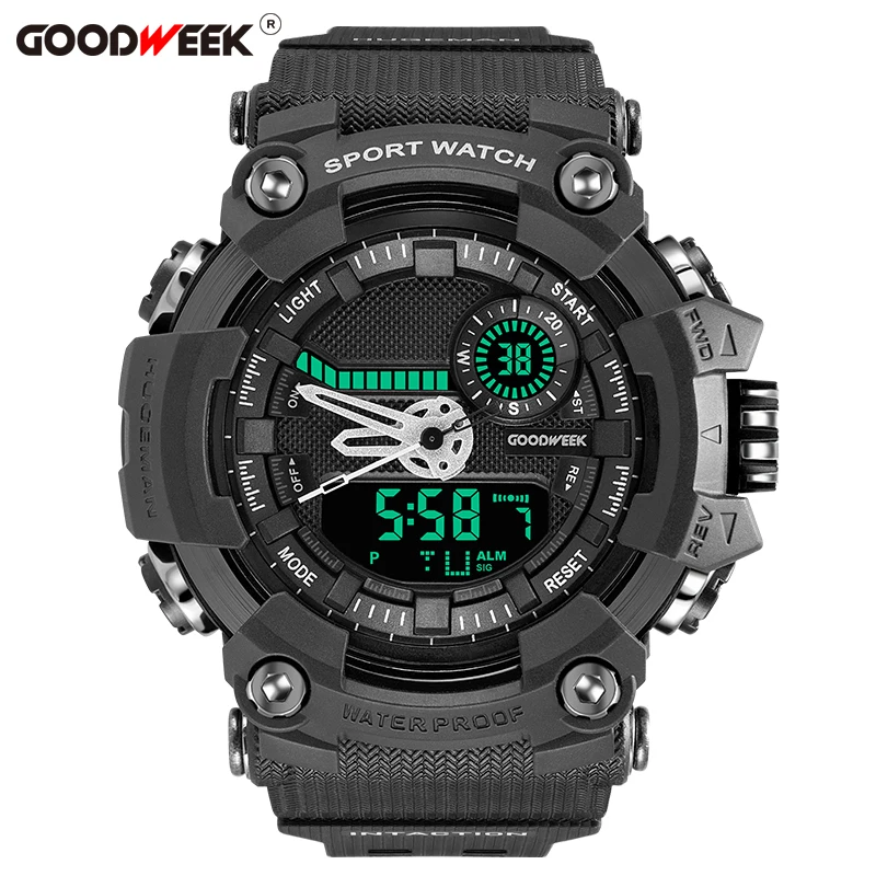 black GOODWEEK цифровые водонепроницаемые мужские спортивные часы Led многофункциональные армейские военные кварцевые часы G стиль двойной дисплей часы Relogio - Цвет: black