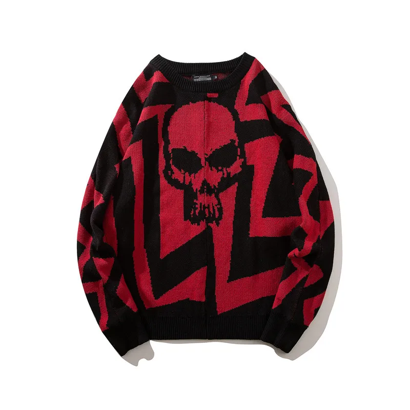 Batwing Sleeve Knitted Sweater Skull Pattern Hip Hop Sweater Round Neck Fall Loose Pullover