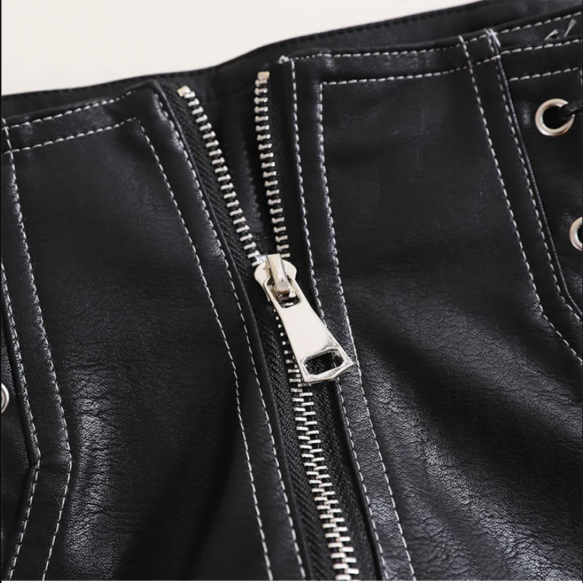MUMUZI Европейская мода осень Новые черные кожаные широкие шорты простой дизайн повседневные шорты с высокой талией на молнии спереди женские