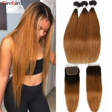  Ombre Bundles And Closure 1B/30 2 Tone Color Bundles With Closure Ombre Colored Brown Brazilian Ombre Hair Bundles With Closure 