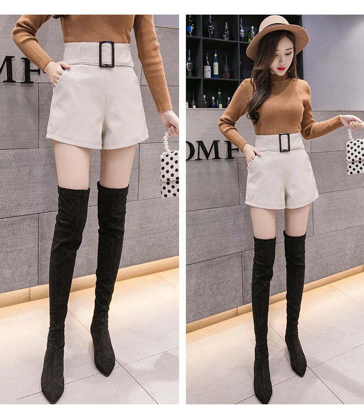 Korean PU Faux Leather Shorts Women Autumn High Waist Wide Leg Short Ladies Plus Size Sexy Black Belted Short Femme 7774 50