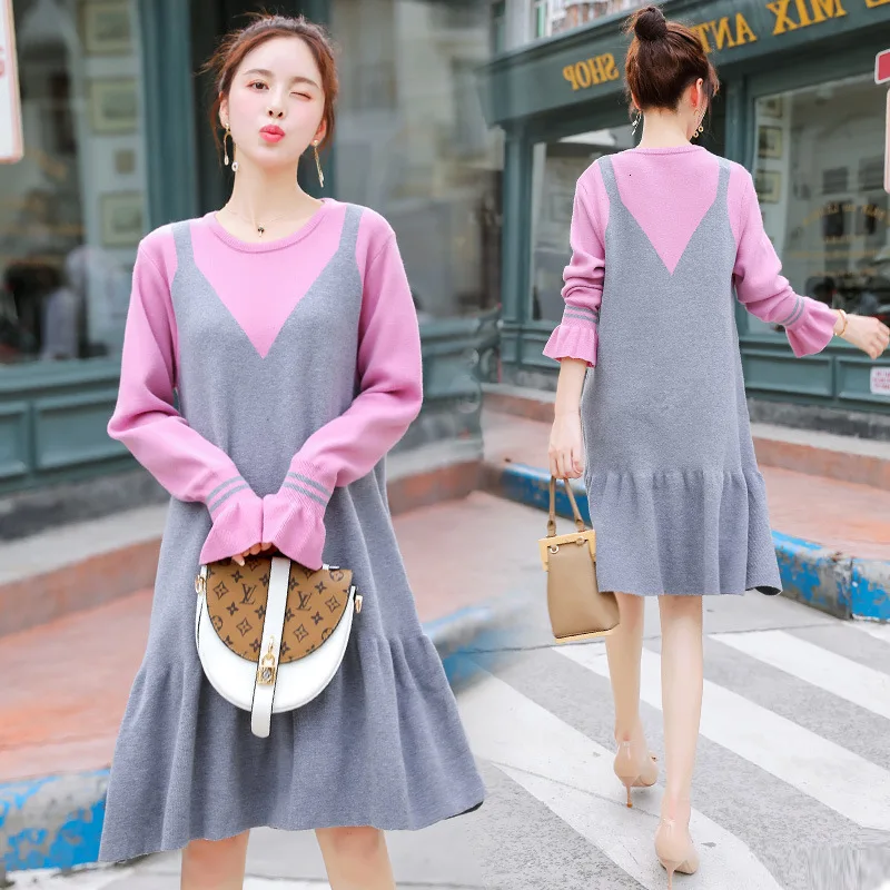 

Fashion Fake Two Piece Maternity Dresses Dress Vestido Pregnancy Sukienka Long Sleeve Round Neck Casual Pregnant Dress Elegant