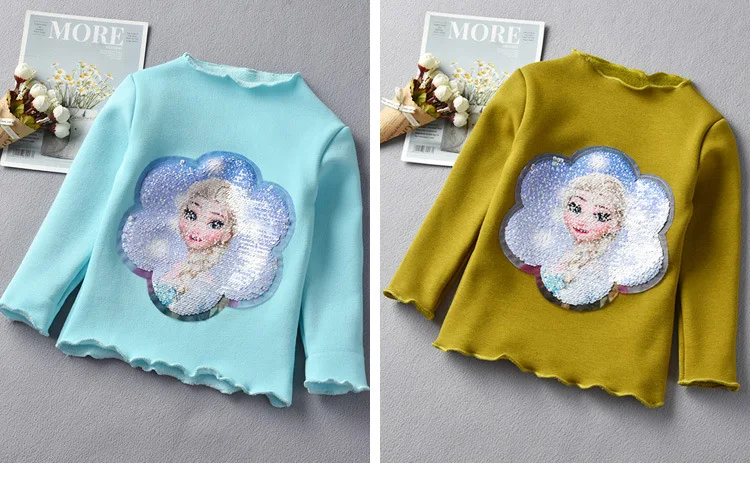 Зимняя рубашка для маленьких девочек; теплая флисовая рубашка с длинными рукавами; рубашки принцессы Эльзы с блестками; топы для детей; модная одежда для маленьких девочек