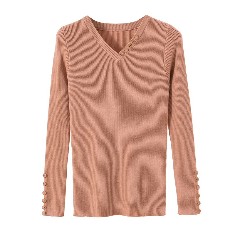 Весна-Осень, новые женские вязаные пуловеры с v-образным вырезом, тонкий базовый свитер, эластичные Джемперы, женский модный тонкий свитер - Цвет: Розовый