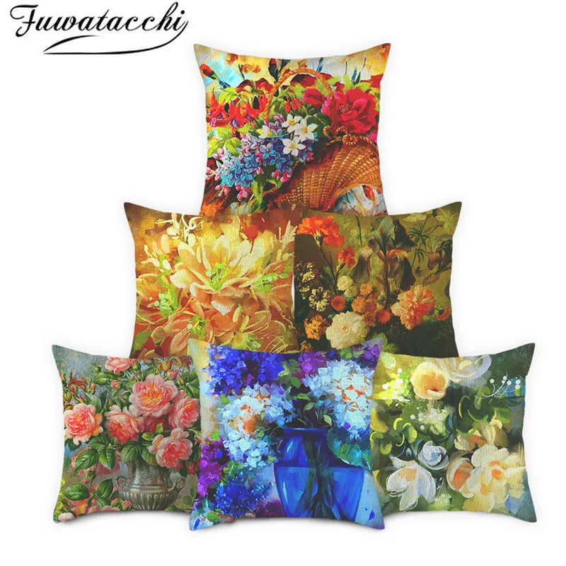 

Fuwatacchi Pure Linen Cushion Cover Beautiful Flower Pattern Pillow Cover for Home Chair Sofa Decorative Pillowcases 45x45cm