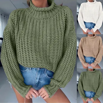 

Women Retro Turtleneck Knitted Long Pullovers Autumn Winter Casual Loose Solid Sweaters loose solid Knitting Jumper@8