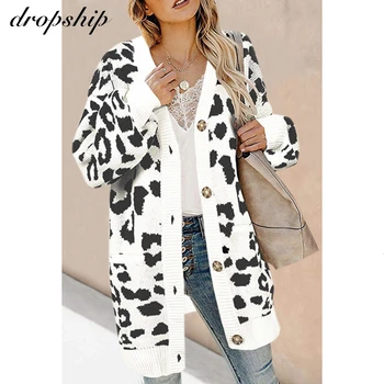 

2020 Winter Autumn Knitted Cardigan Swearter Women Lantern Long Sleeve Leopard Print Loose Thick Knitting Cardigan Mujer Female
