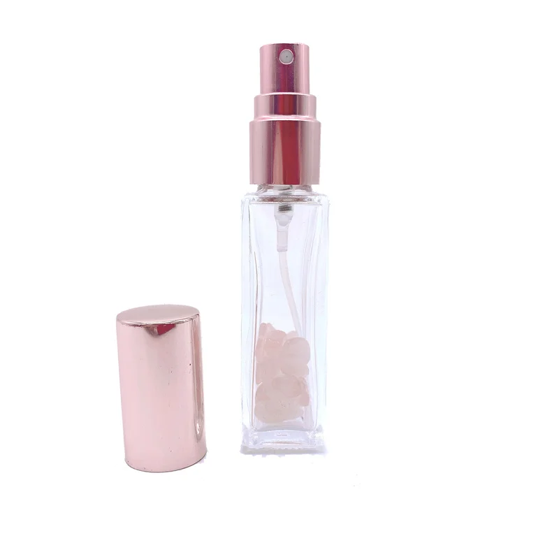 Rose Crystal Perfume Atomizer Pink Quartz Spray Bottle 5 ml 10 ml Pink Vial Refillable Sprayer with Rose Golden Lids 10pcs P273-4