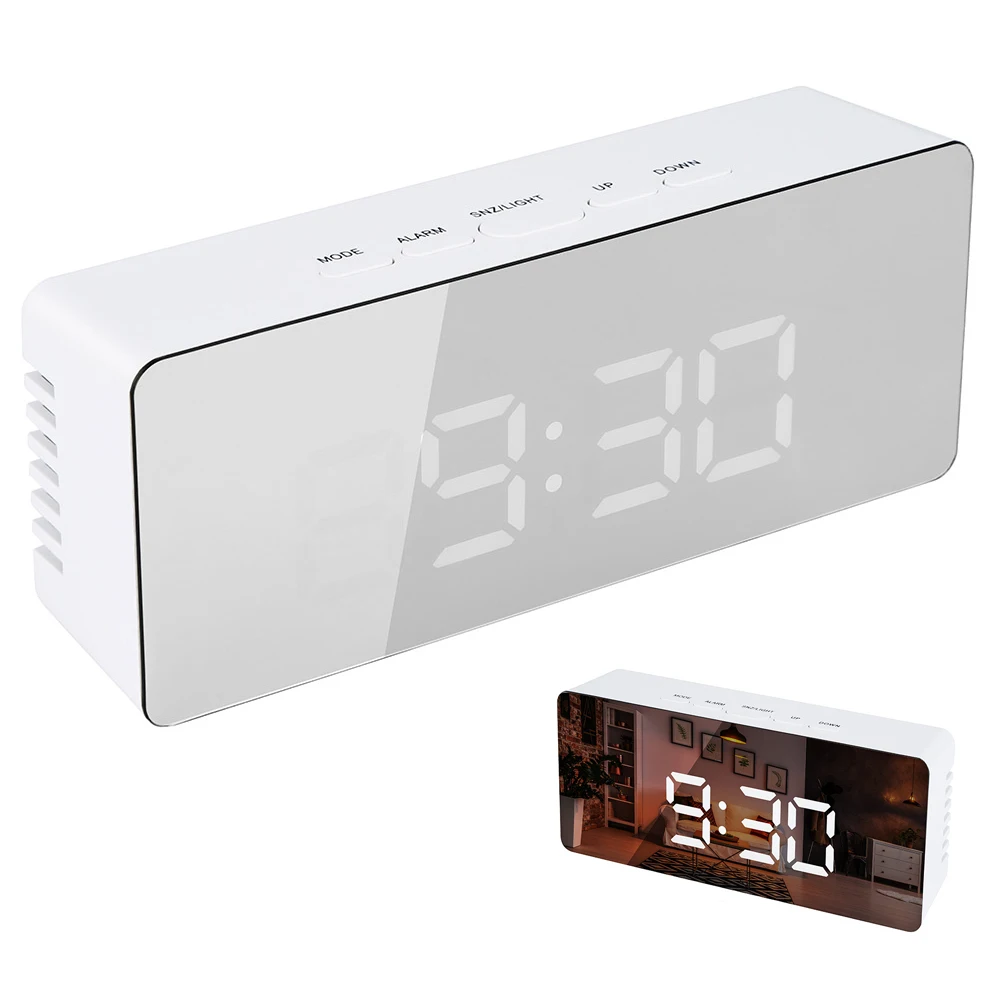 

LED Mirror Alarm Clock Digital Snooze Table Clock Wake Up Light Electronic Large Time Temperature Display Home Decoration Clock