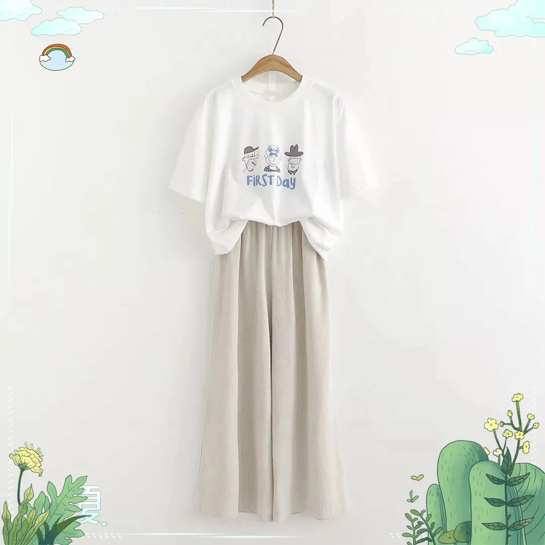 

Japanese Style Korean-style 2019 Summer New Style Simple Elegant Loose-Fit College Style Casual Short Sleeve T-shirt Cotton Pant