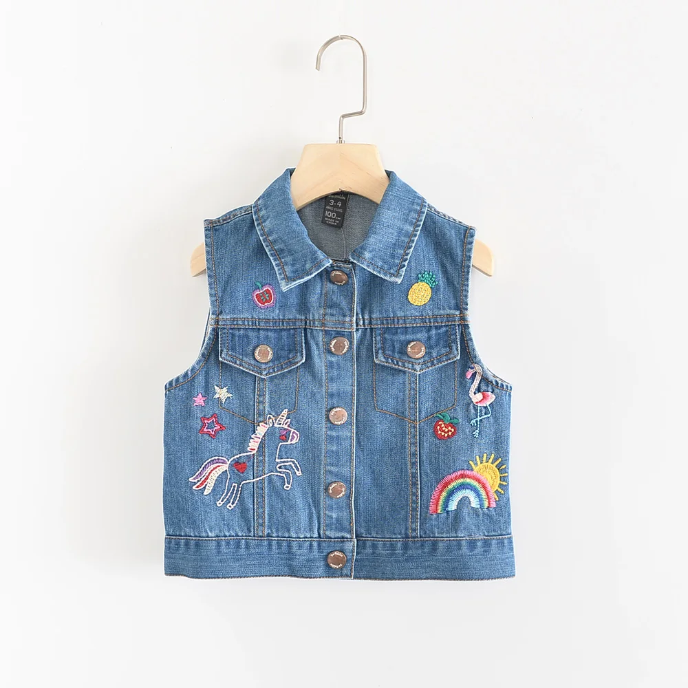 

Autumn Baby Girls Denim Vest Unicorn Embroidery Rainbow Girls Jeans Jackets Infant Kids Waistcoat Floral Children's Outerwear