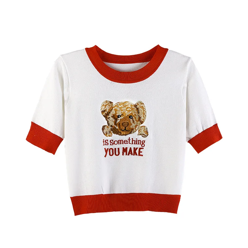 

Bear Embroidery T shirt 2022 Sexy Short Sleeve Women's Summer Fashion Slim Open Navel Short Top Street Style Camisole