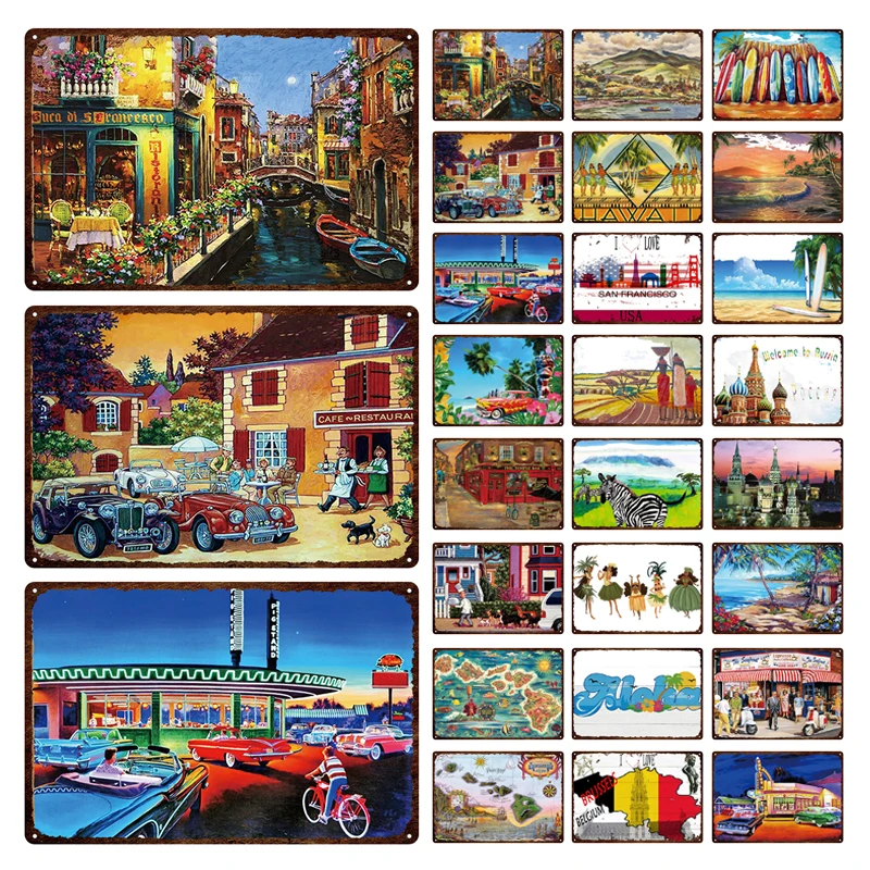 

Custom Natural Scenery Architecture Summer Seaside Travel Surfing Retro Decorative Metal Plaque Tin Paint Anti-fading Tin Sign
