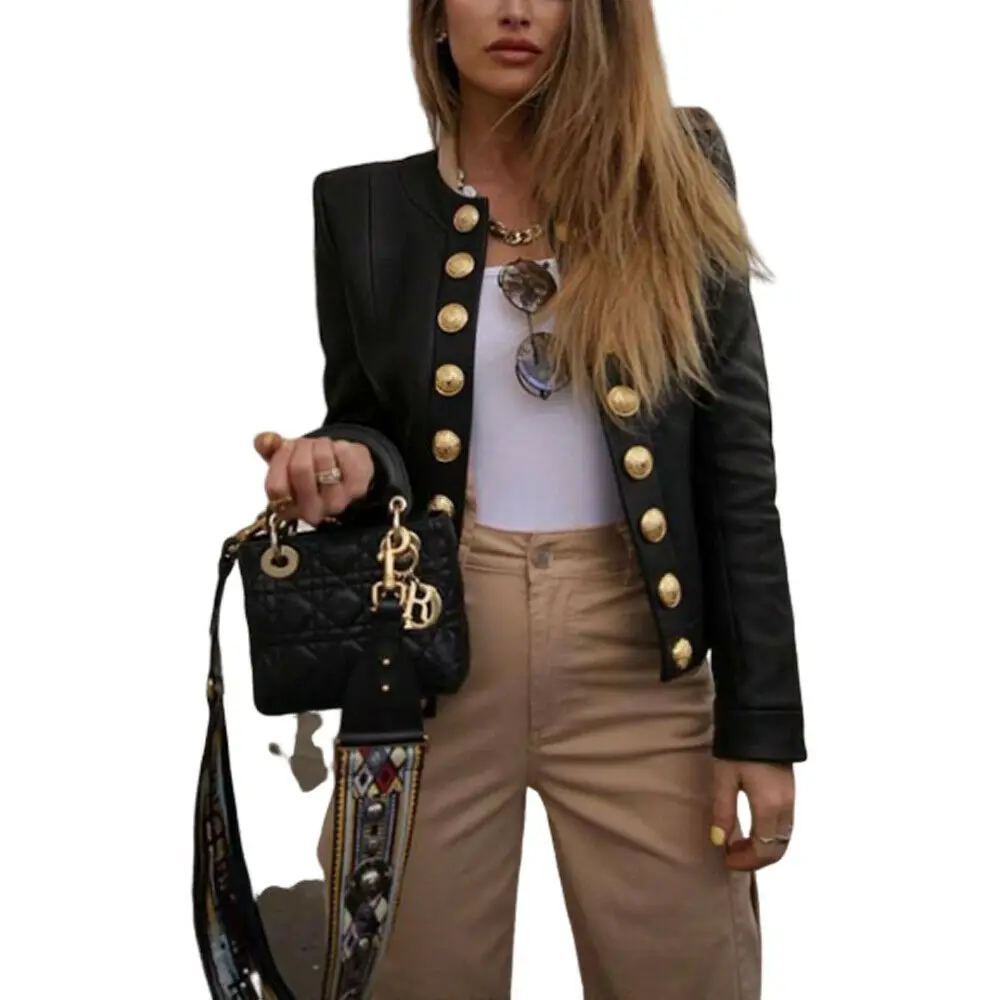 UK Women's Ladies Buttons Long Sleeve Jacket Short Coat Biker Casual Tops Blazer - Цвет: Черный