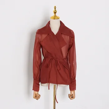 

Women Red Perspective Blouse New Lapel Long Puff Sleeve Loose Fit Shirt Fashion Tide Spring Autumn 2020