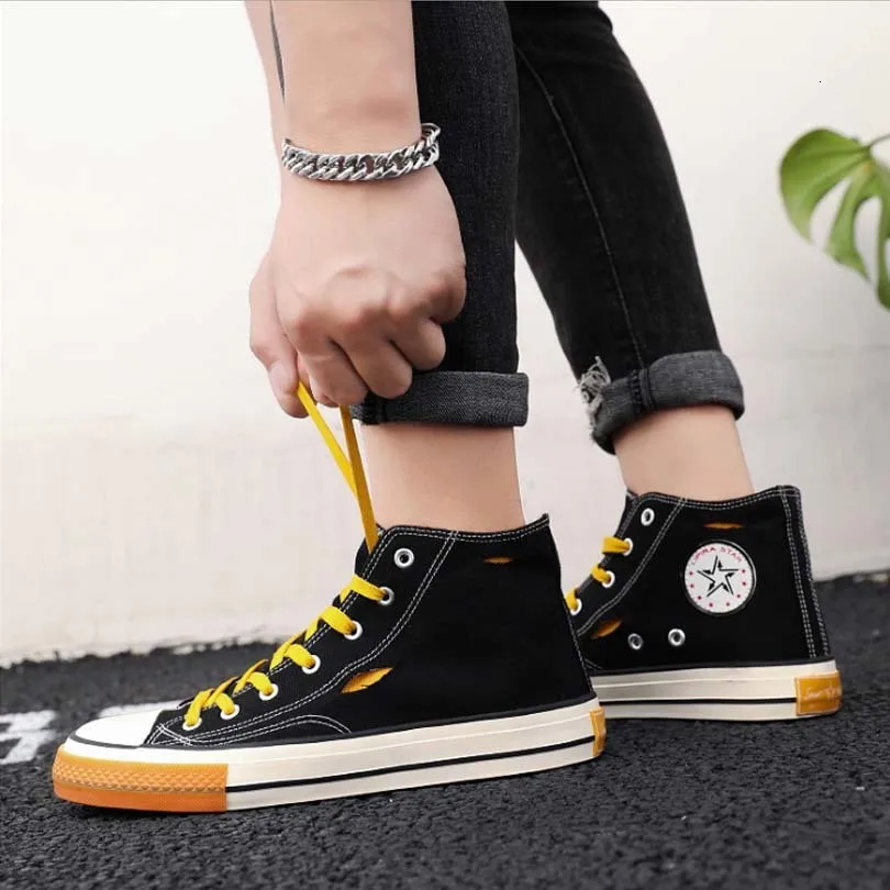 BOUSSAC Вулканизированная обувь; однотонная парусиновая обувь на шнуровке с высоким берцем; Мужская модная классическая Повседневная обувь на плоской подошве; цвет белый, черный - Цвет: 6915-Black yellow