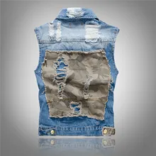 Cool Music New Style Korean-style Slim Fit MEN'S Wear Denim Waistcoat Men Denim Jacket with Holes Waistcoat Camouflage Casual Ve