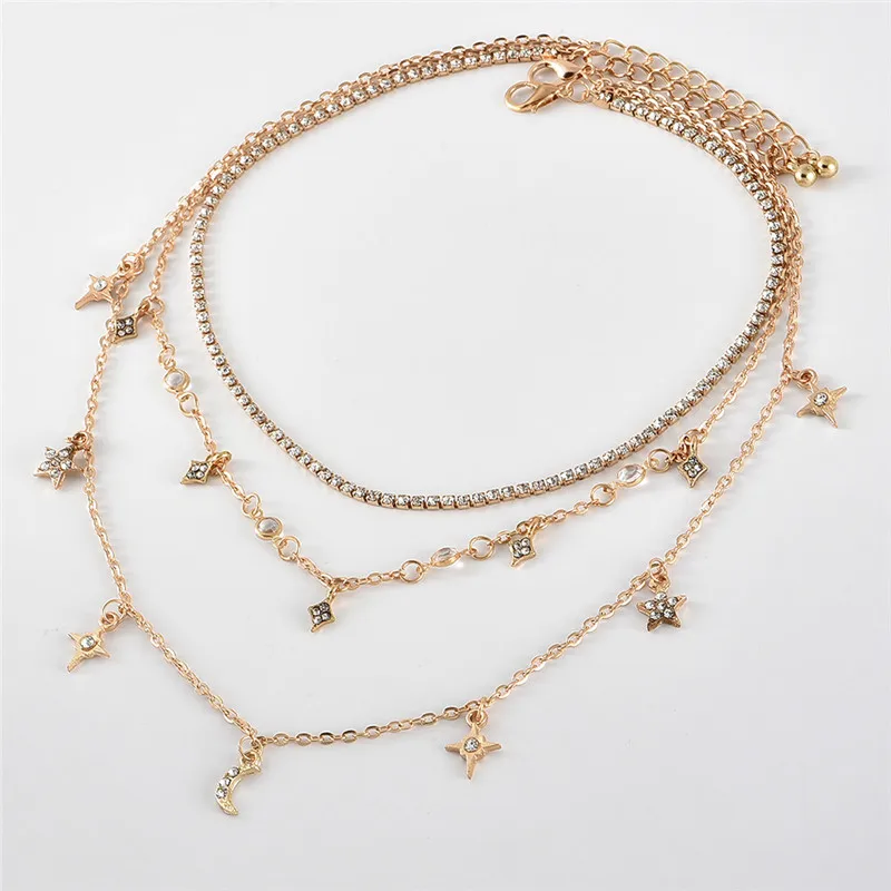 Ожерелье-цепочка с кисточками в виде звезды и Луны, модное ювелирное изделие, золотые стразы, тонкое колье, тройное Золотое многослойное ожерелье-цепочка для женщин