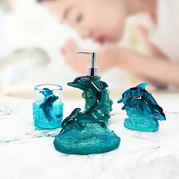 

Fine Resin Soap Dish Dispenser Toothbrush Holder Tumbler Bathroom Accessories 4 Piece Set Dolphin Design Gift Decorative