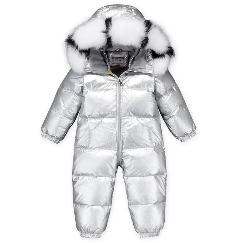 Детский Пуховый комбинезон, зимние детские зимние костюмы для малышей, серебристо-белый комбинезон, утепленные детские комбинезоны с натуральным лисьим мехом