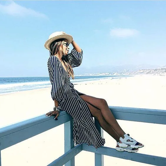 2020 New Dark Blue Stripes Quick-Dry Tie Waist V-neck Long Beach Long Skirts Sexy Sun-resistant Coat Dress