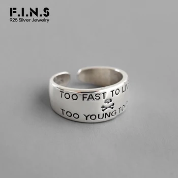 

F.I.N.S Korean S925 Sterling Silver Ring INS Minimalist Glossy Skull English Words Wide Opening Cuff Ring Finger Rings for Women