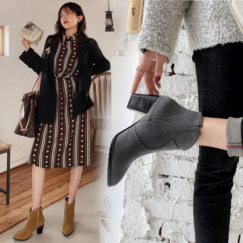 Kolnoo Handmade New Retro Style Womens Chunky Heels Boots Side-Zipper Vintages Dress Ankle Boots English Fashion Winter Shoes