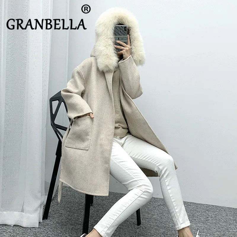 

2019 Real Fox Fur Coat With Big Pocket Winter Jacket For Women Hooded Cashmere Wool Woolen Overcoat Ladies Casual Outerwear